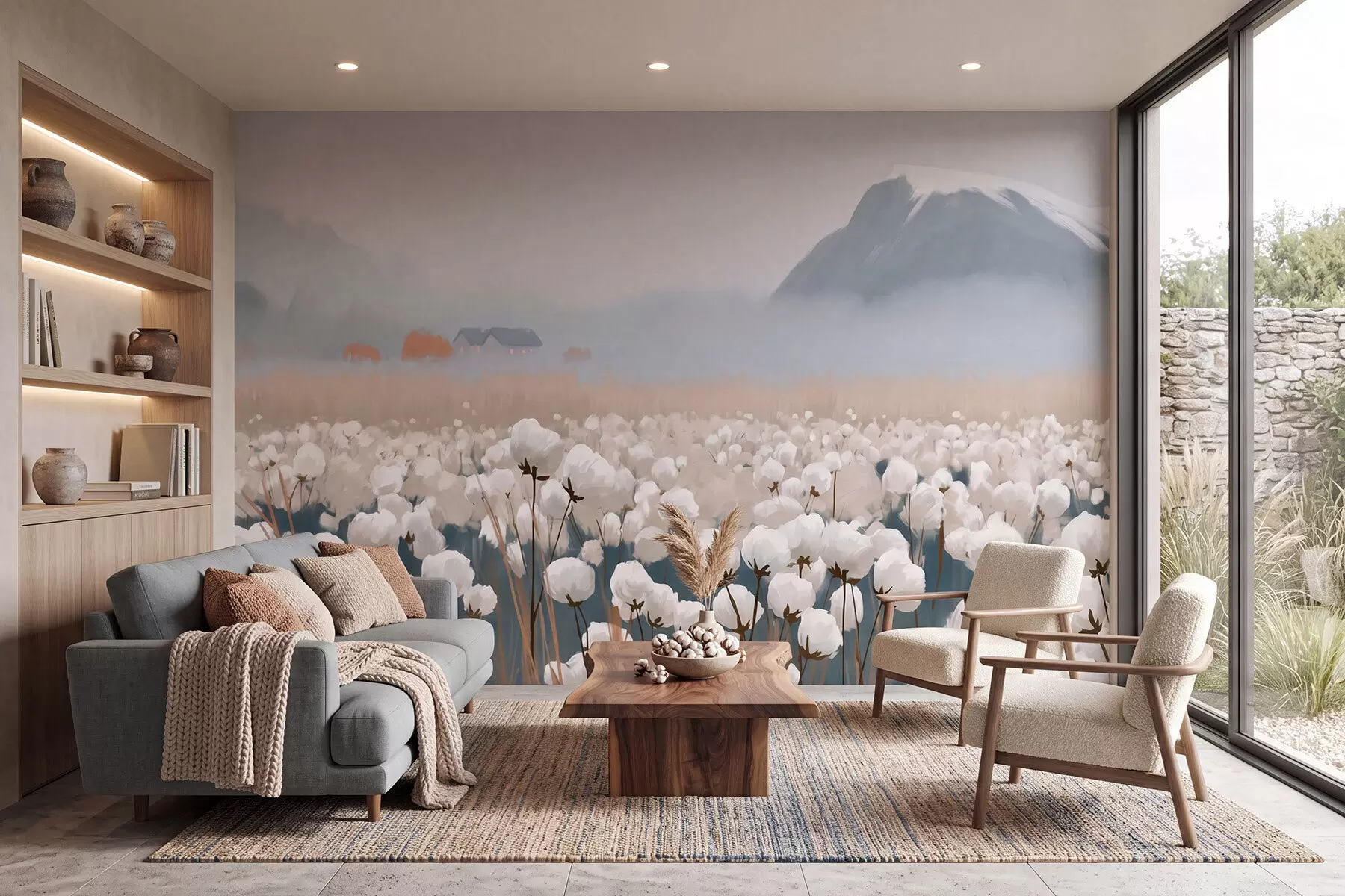 peintures murales Champ de coton dans un paysage brumeux du Nord, style pictural w09934