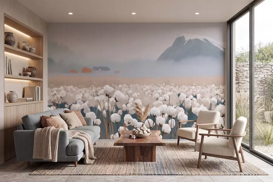 Wall Mural Photo Wallpaper Cotton field in a misty northern landscape, painterly style w09934