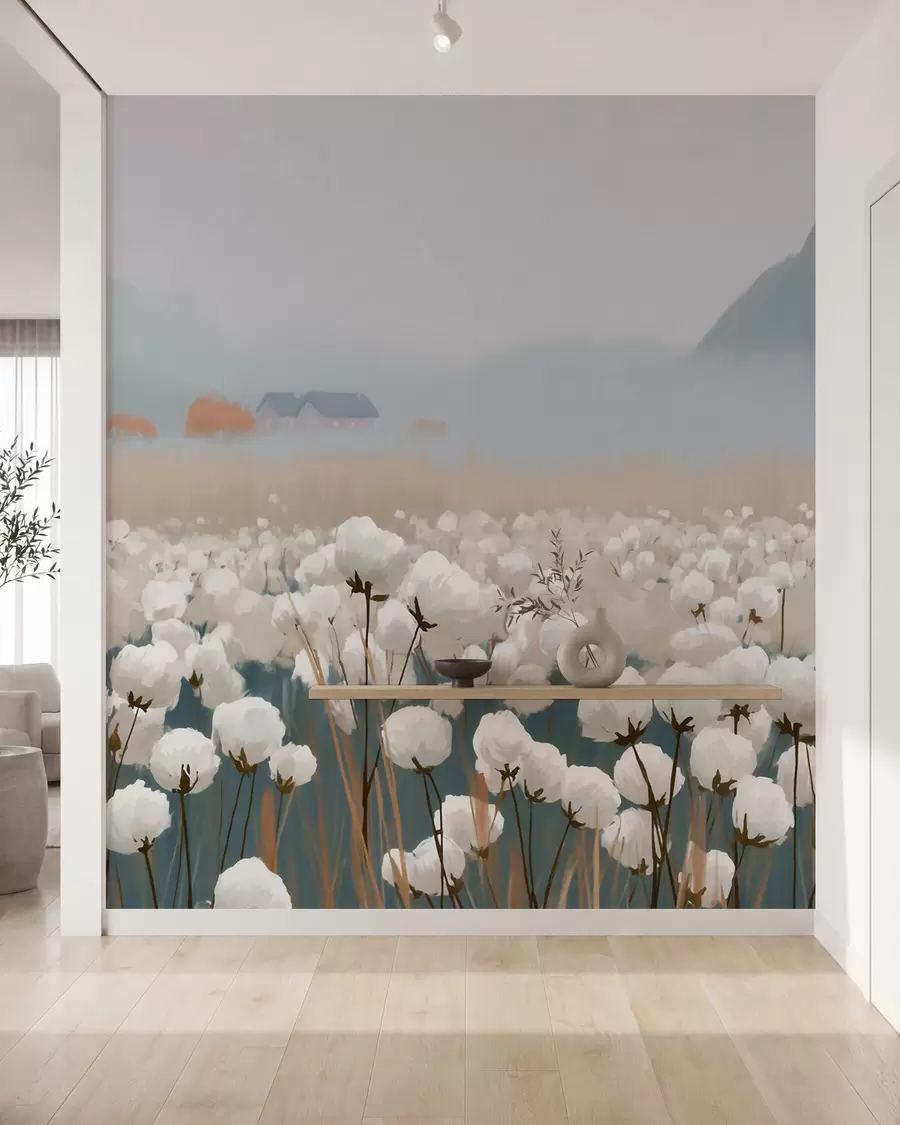 peintures murales Champ de coton dans un paysage brumeux du Nord, style pictural w09934