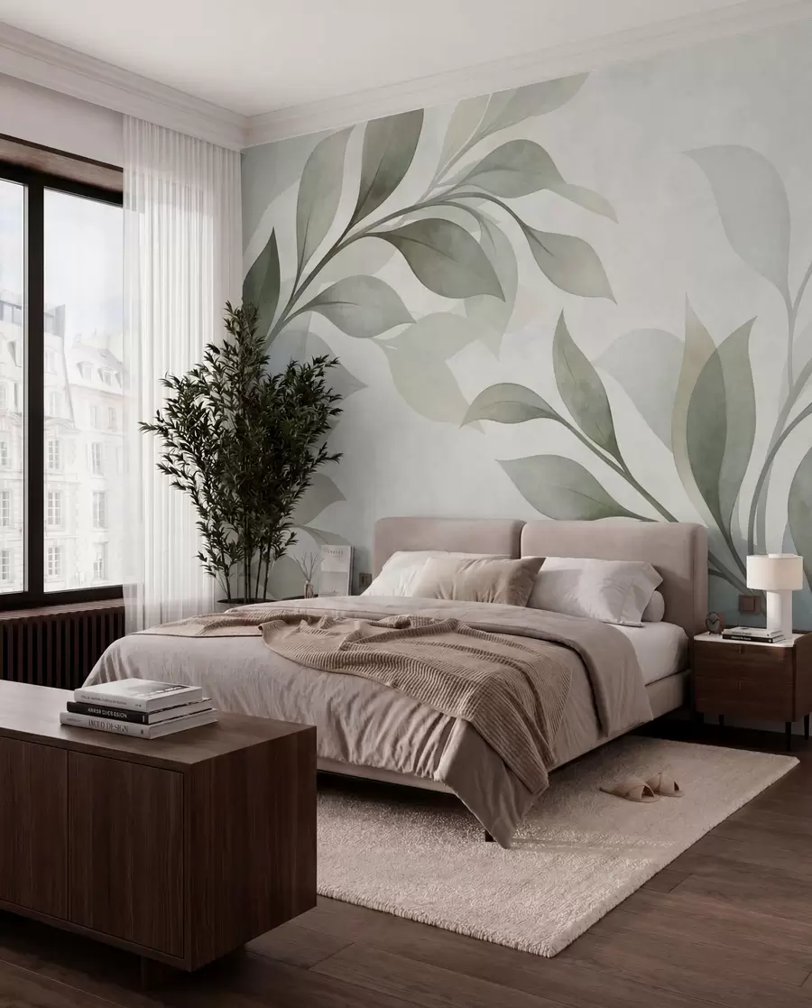 wall murals Large leaves in soft green and blue tones w05693