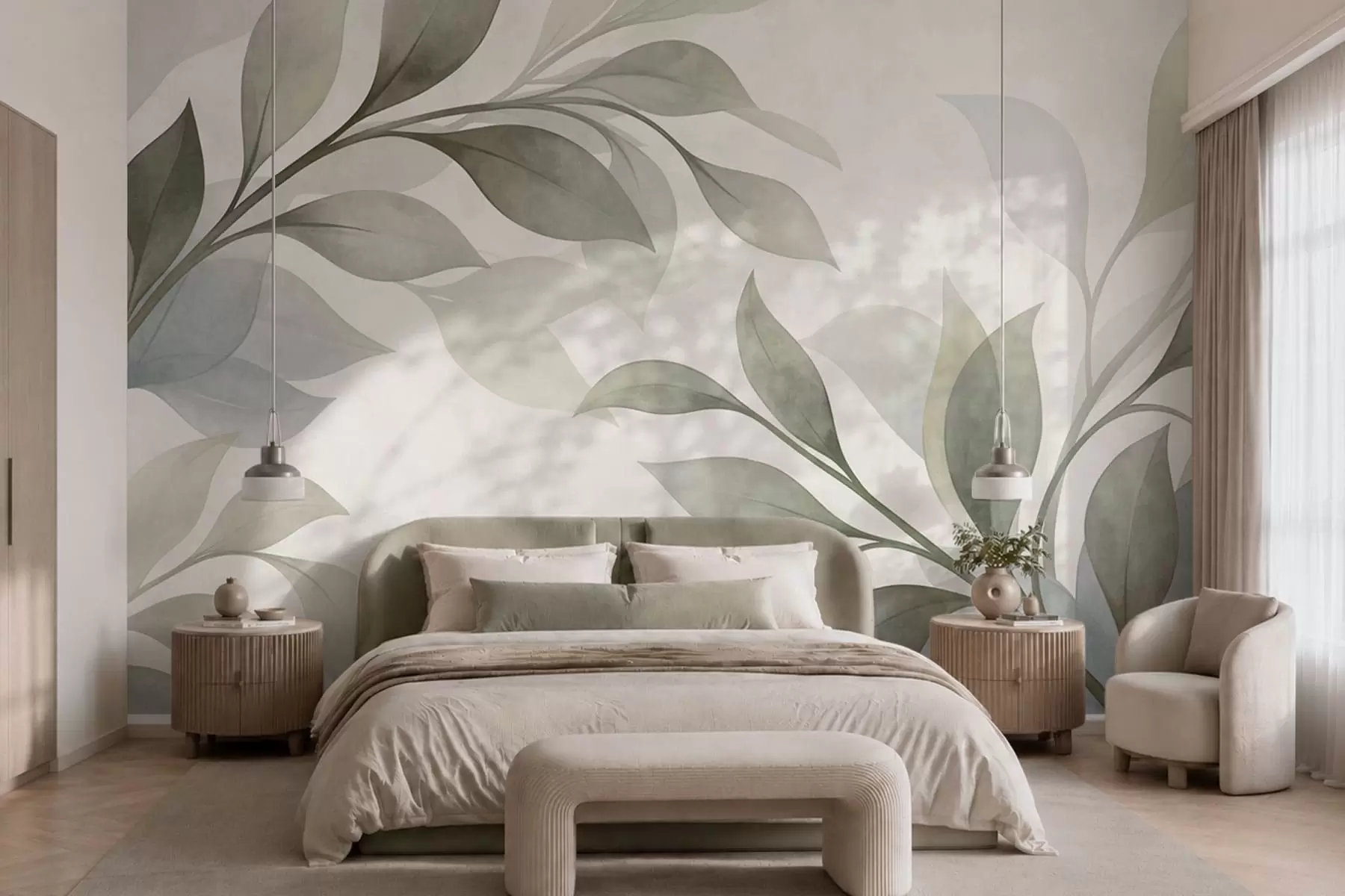 peintures murales De grandes feuilles aux teintes douces de vert et de bleu w05693