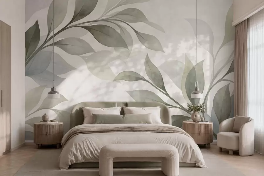 Wall Mural Photo Wallpaper Large leaves in soft green and blue tones w05693