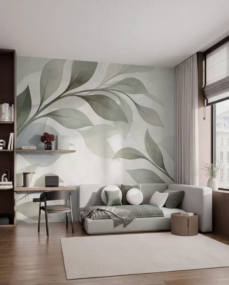 wall murals Large leaves in soft green and blue tones w05693