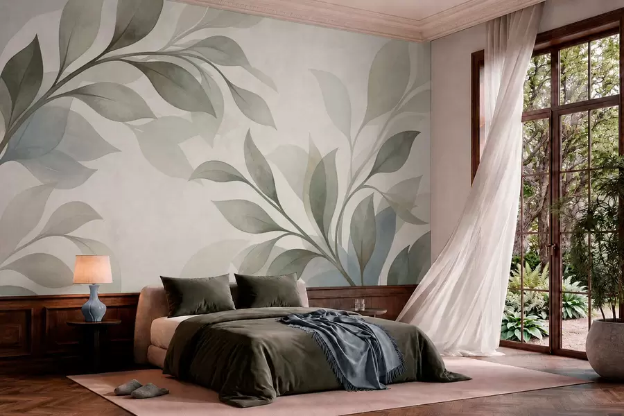 Wall Mural Photo Wallpaper Large leaves in soft green and blue tones w05693