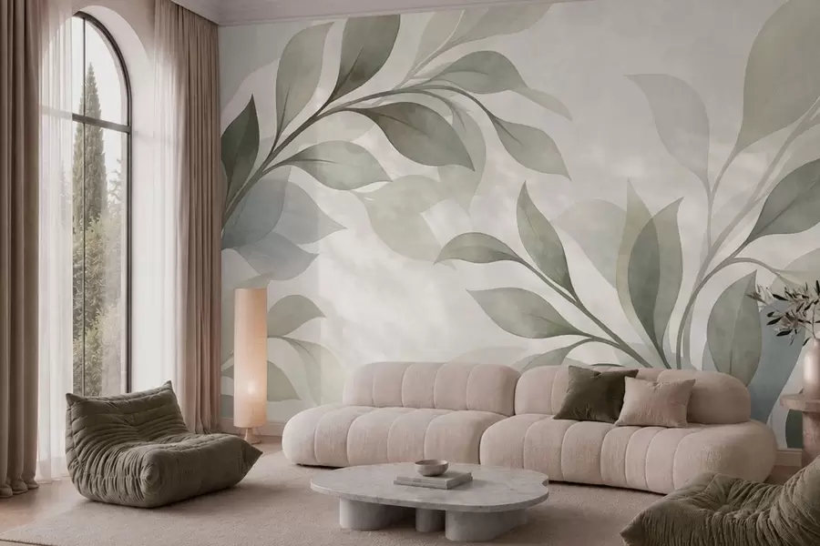 peintures murales De grandes feuilles aux teintes douces de vert et de bleu w05693