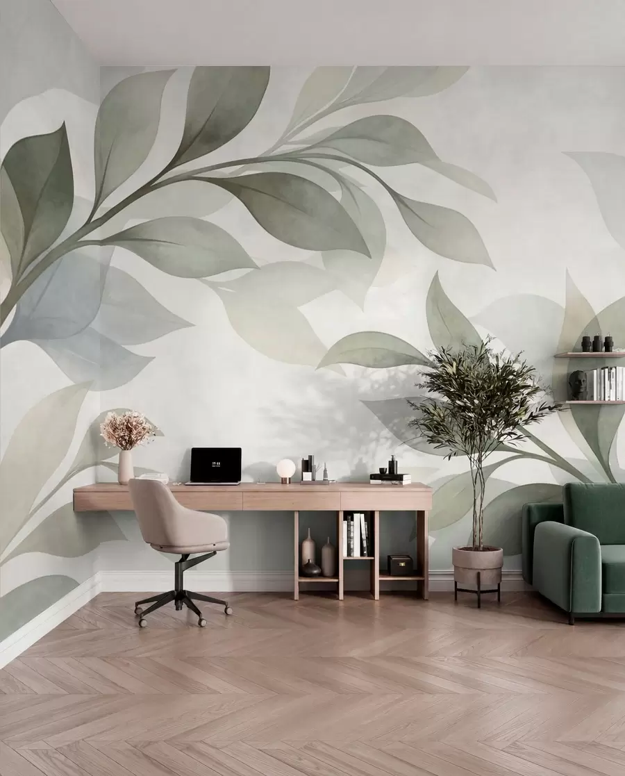 murales Hojas grandes en suaves tonos verdes y azules w05693
