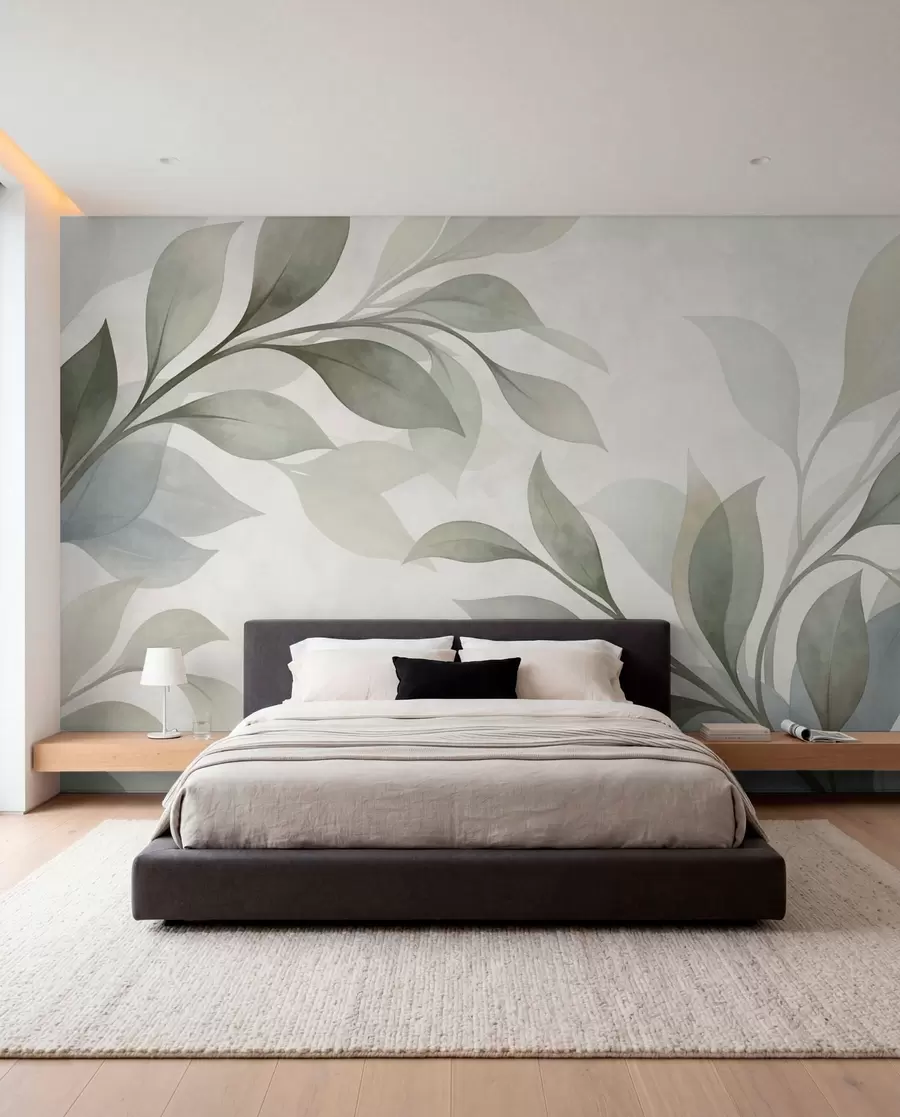 murales Hojas grandes en suaves tonos verdes y azules w05693