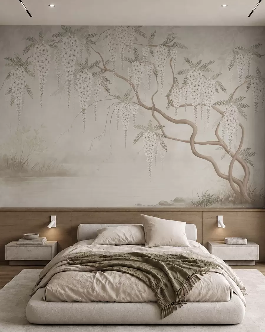 wall murals White cascading blossoms above calm water w05694