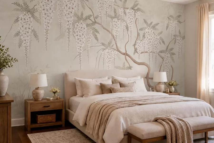 Wall Mural Photo Wallpaper White cascading blossoms above calm water w05694