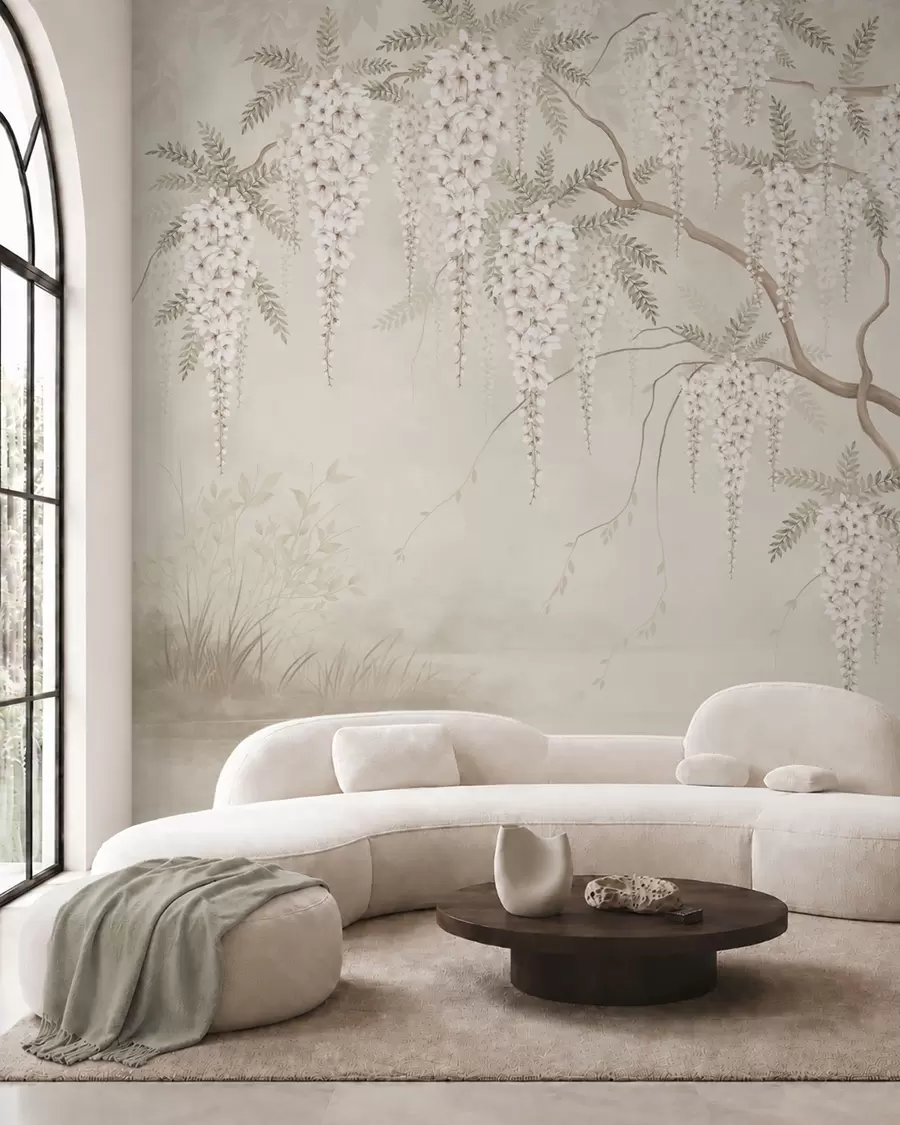Wall Mural Photo Wallpaper White cascading blossoms above calm water w05694