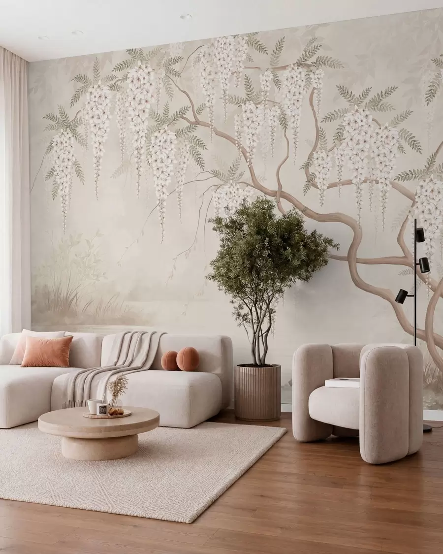 peintures murales Des fleurs blanches tombant en cascade au-dessus d'une eau calme w05694