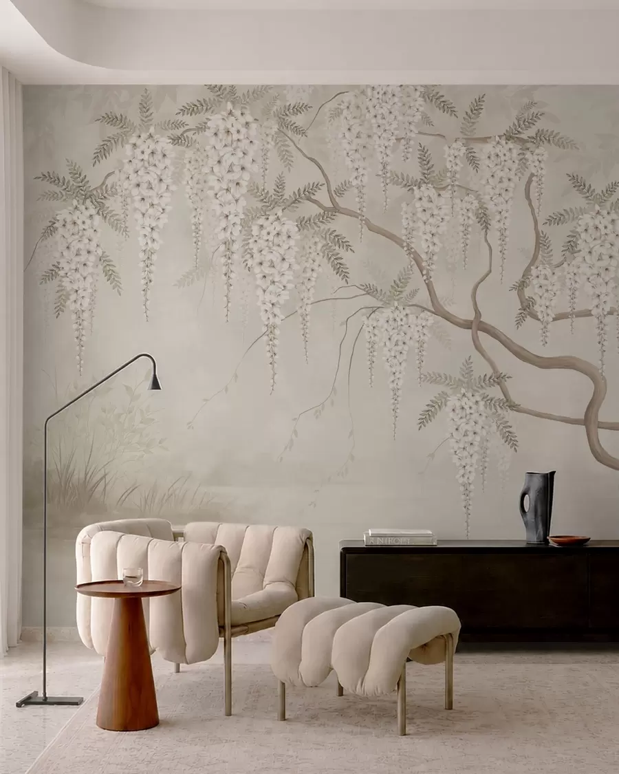 Wall Mural Photo Wallpaper White cascading blossoms above calm water w05694