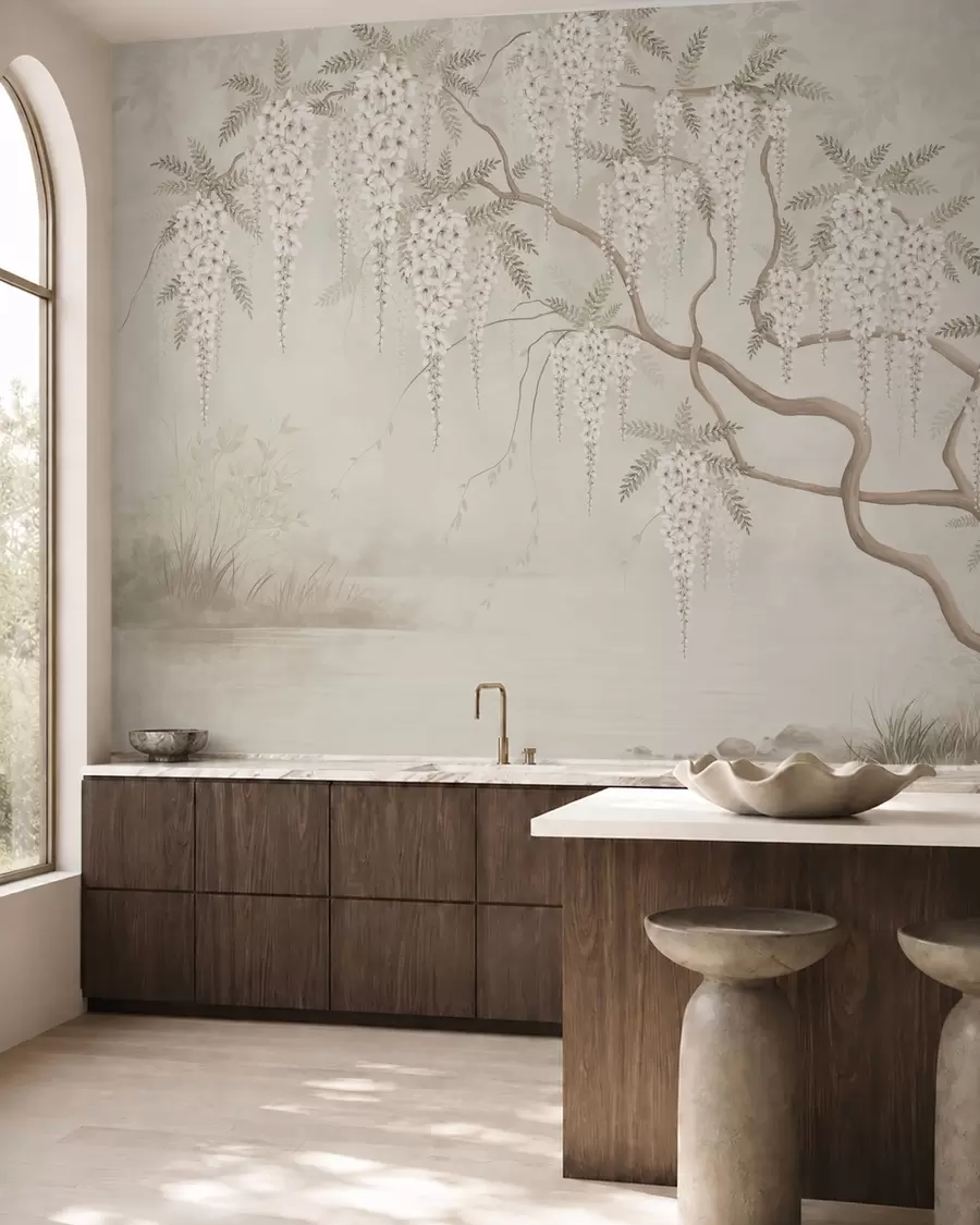 peintures murales Des fleurs blanches tombant en cascade au-dessus d'une eau calme w05694