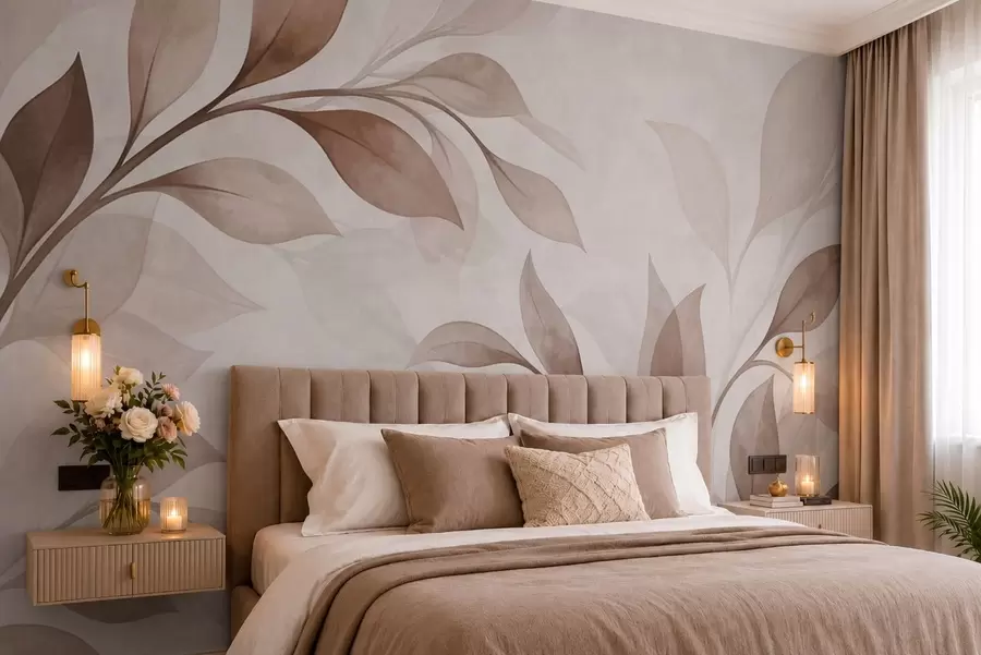 Wall Mural Photo Wallpaper Large leaves in warm beige and brown tones w05693v1