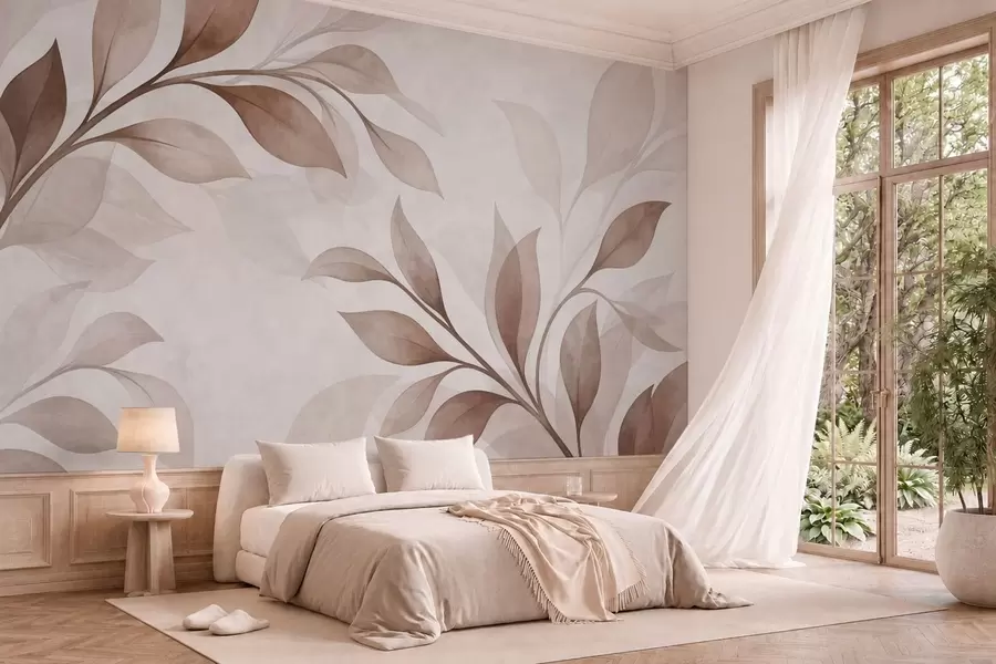 peintures murales De grandes feuilles dans des tons chauds de beige et de marron w05693v1