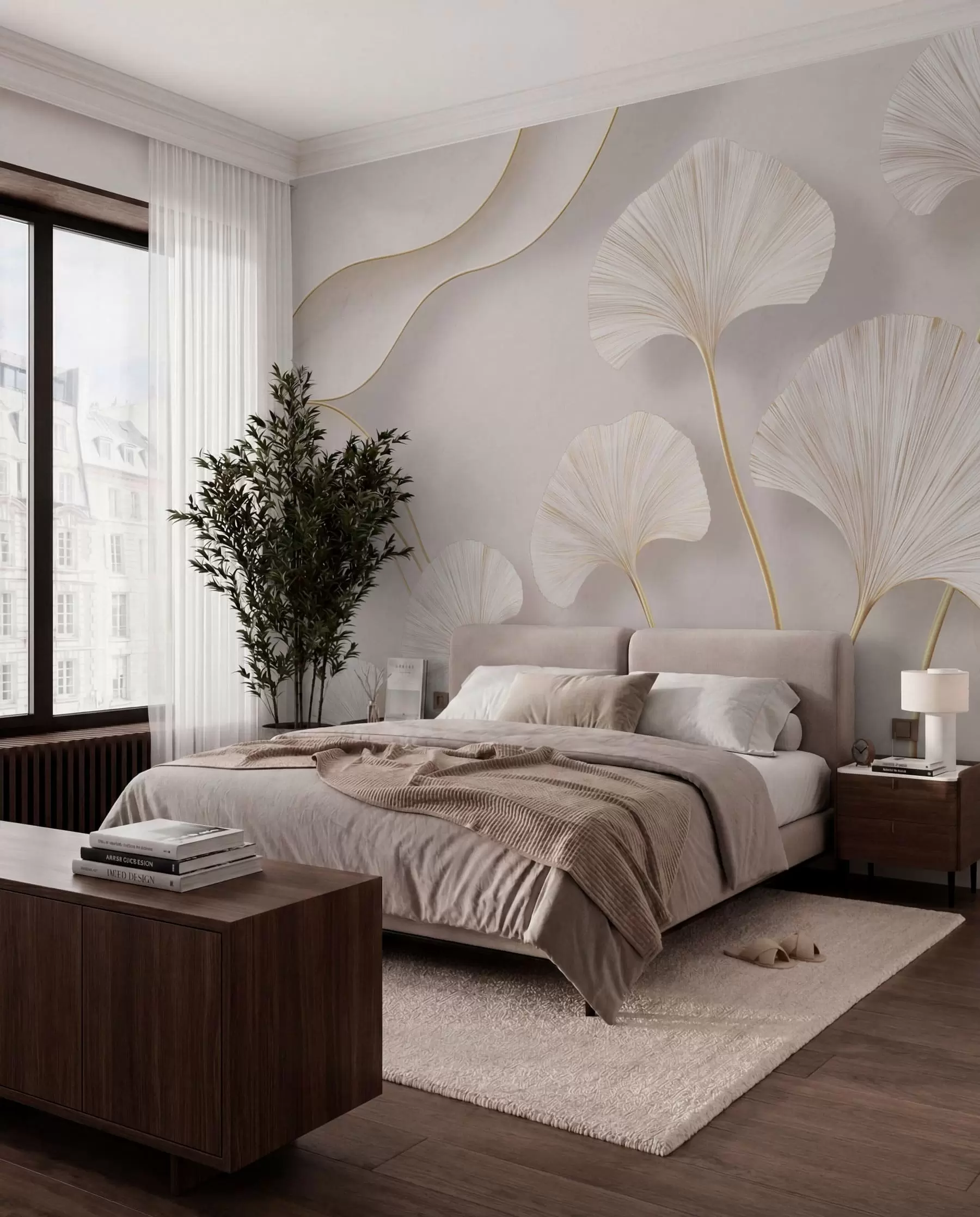 peintures murales Des feuilles de ginkgo aux contours fluides, à la couleur claire et au volume prononcé, sur un fond marbré w05734