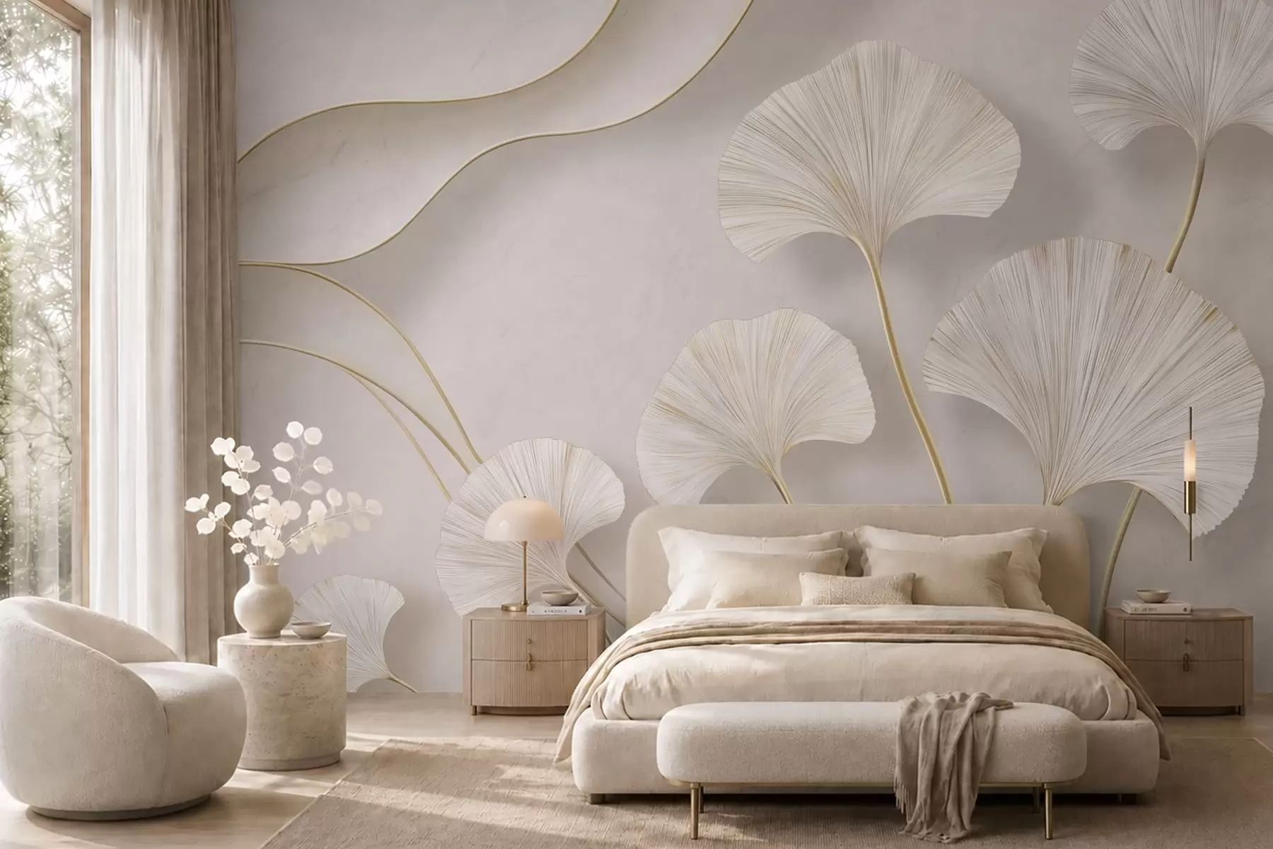 Wall Mural Photo Wallpaper Full-bodied, light-colored ginkgo leaves with flowing lines against a marble background w05734