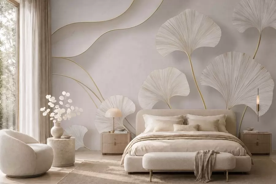 Wall Mural Photo Wallpaper Full-bodied, light-colored ginkgo leaves with flowing lines against a marble background w05734