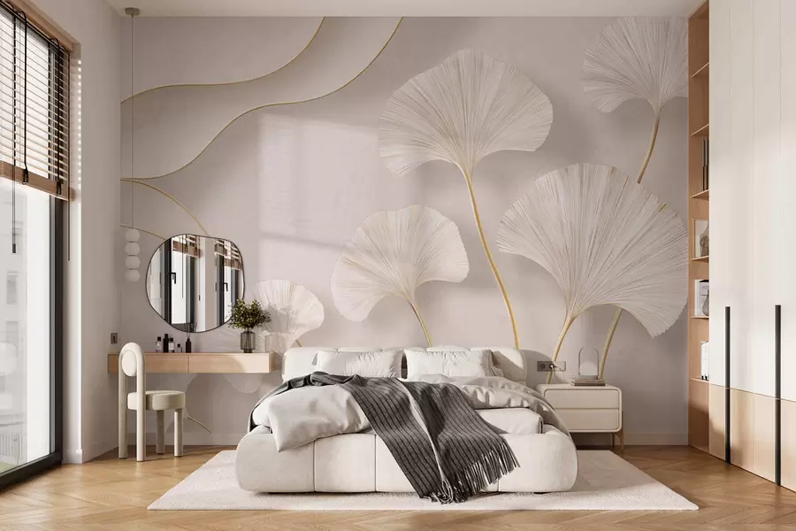 Wall Mural Photo Wallpaper Full-bodied, light-colored ginkgo leaves with flowing lines against a marble background w05734