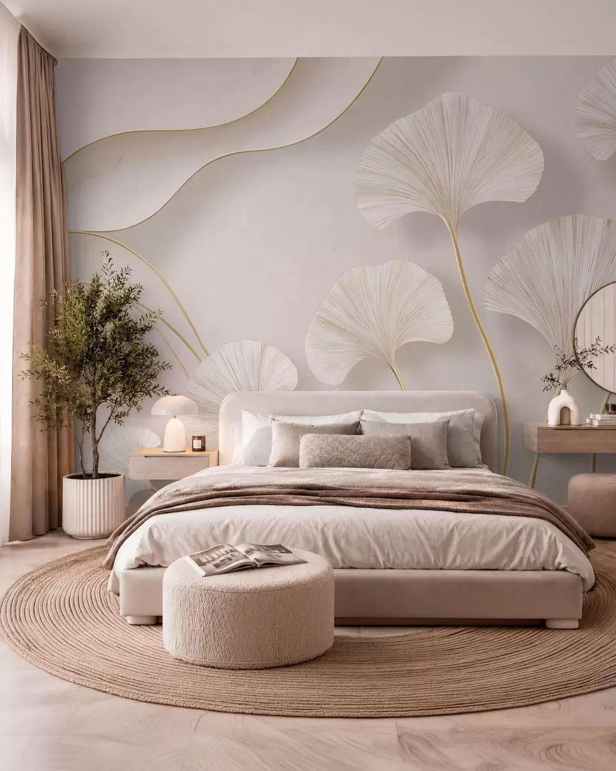 Wall Mural Photo Wallpaper Full-bodied, light-colored ginkgo leaves with flowing lines against a marble background w05734