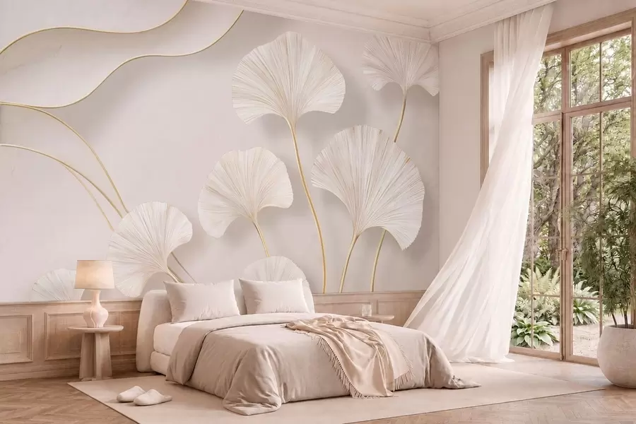 peintures murales Des feuilles de ginkgo aux contours fluides, à la couleur claire et au volume prononcé, sur un fond marbré w05734