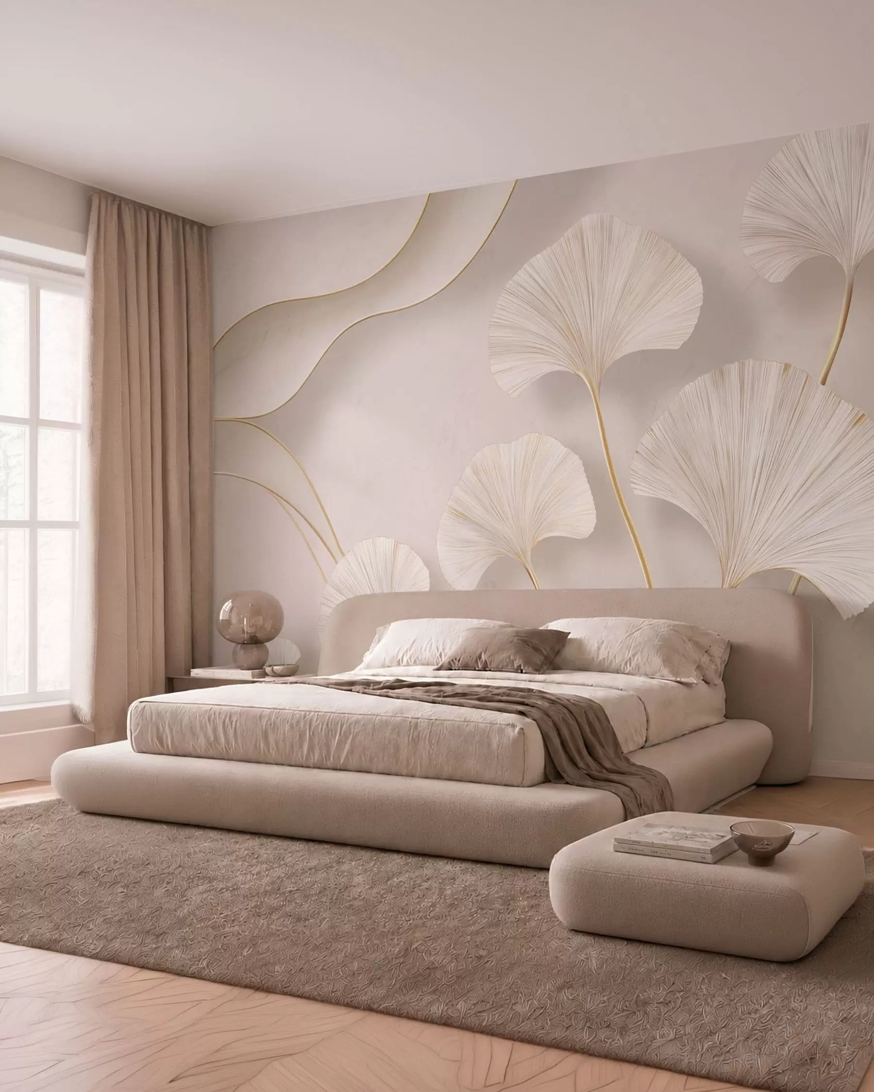 peintures murales Des feuilles de ginkgo aux contours fluides, à la couleur claire et au volume prononcé, sur un fond marbré w05734