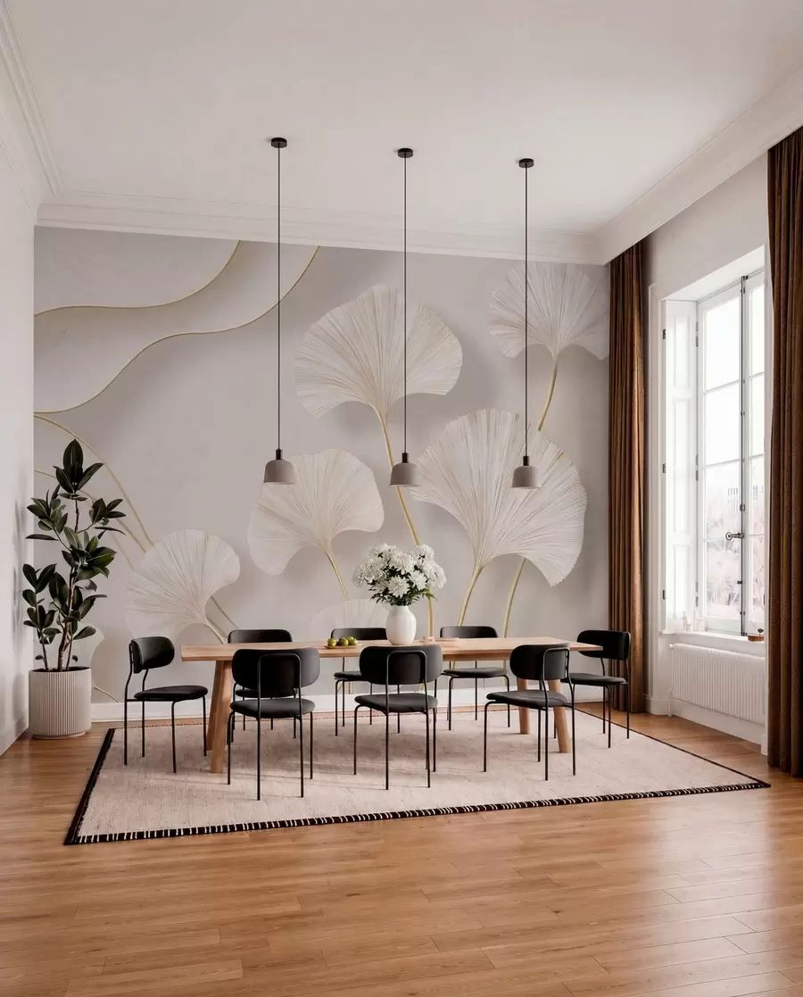 wall murals Full-bodied, light-colored ginkgo leaves with flowing lines against a marble background w05734