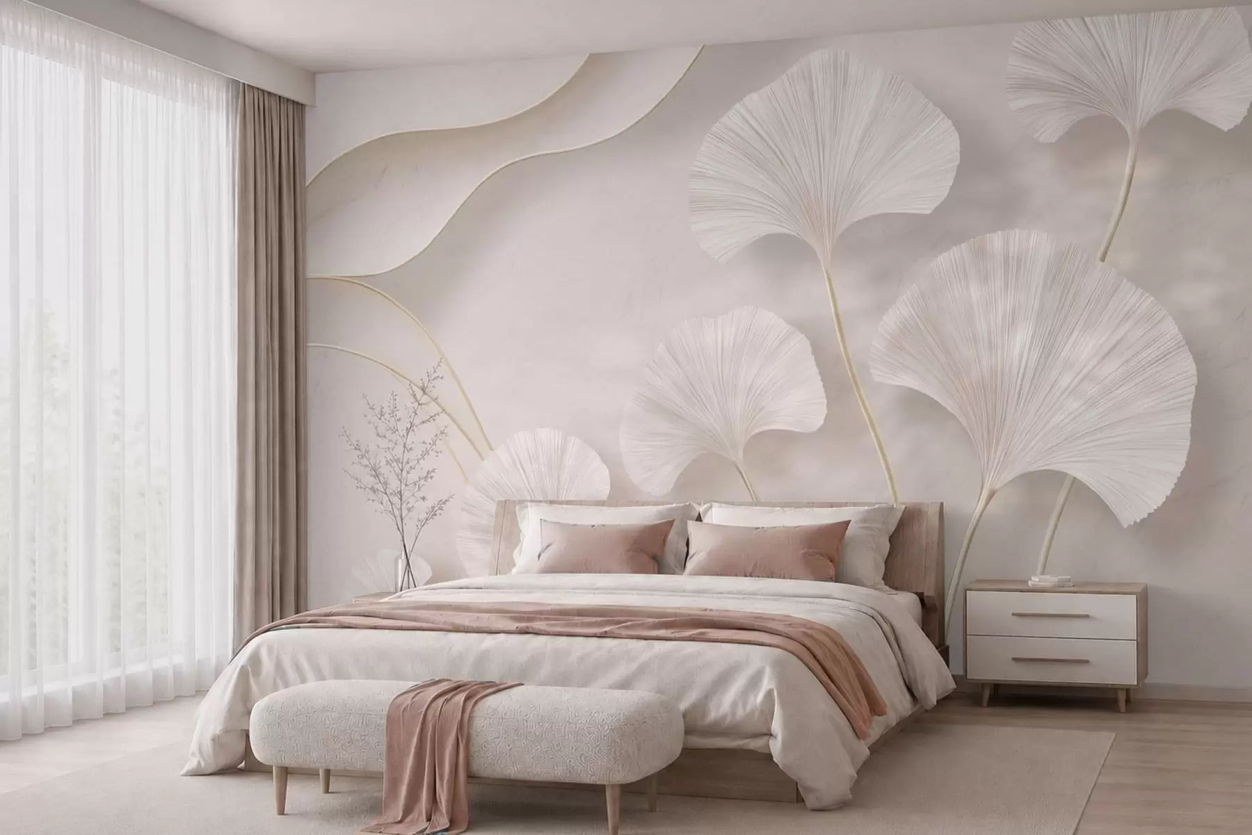 murales Hojas de ginkgo de color claro sobre un fondo de mármol suave w05734v1