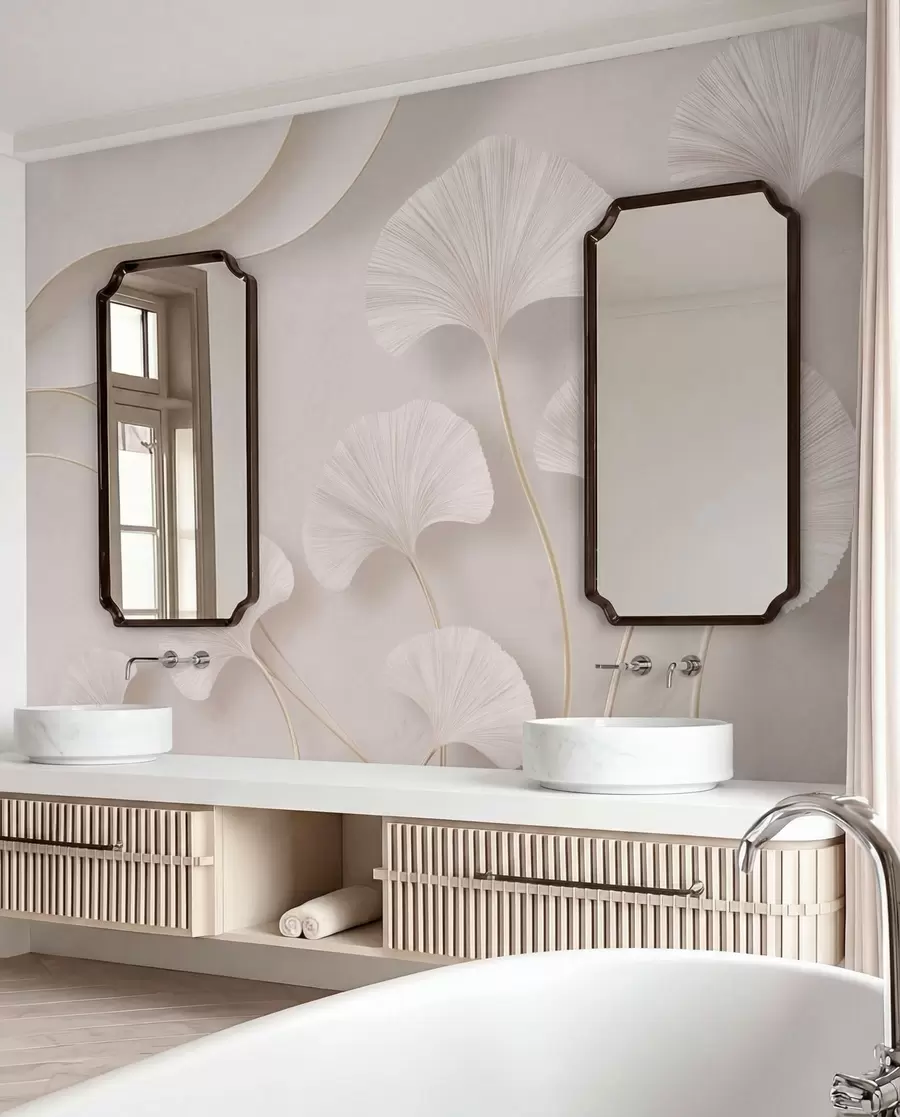 peintures murales Des feuilles de ginkgo aux teintes claires sur un fond de marbre aux tons doux w05734v1