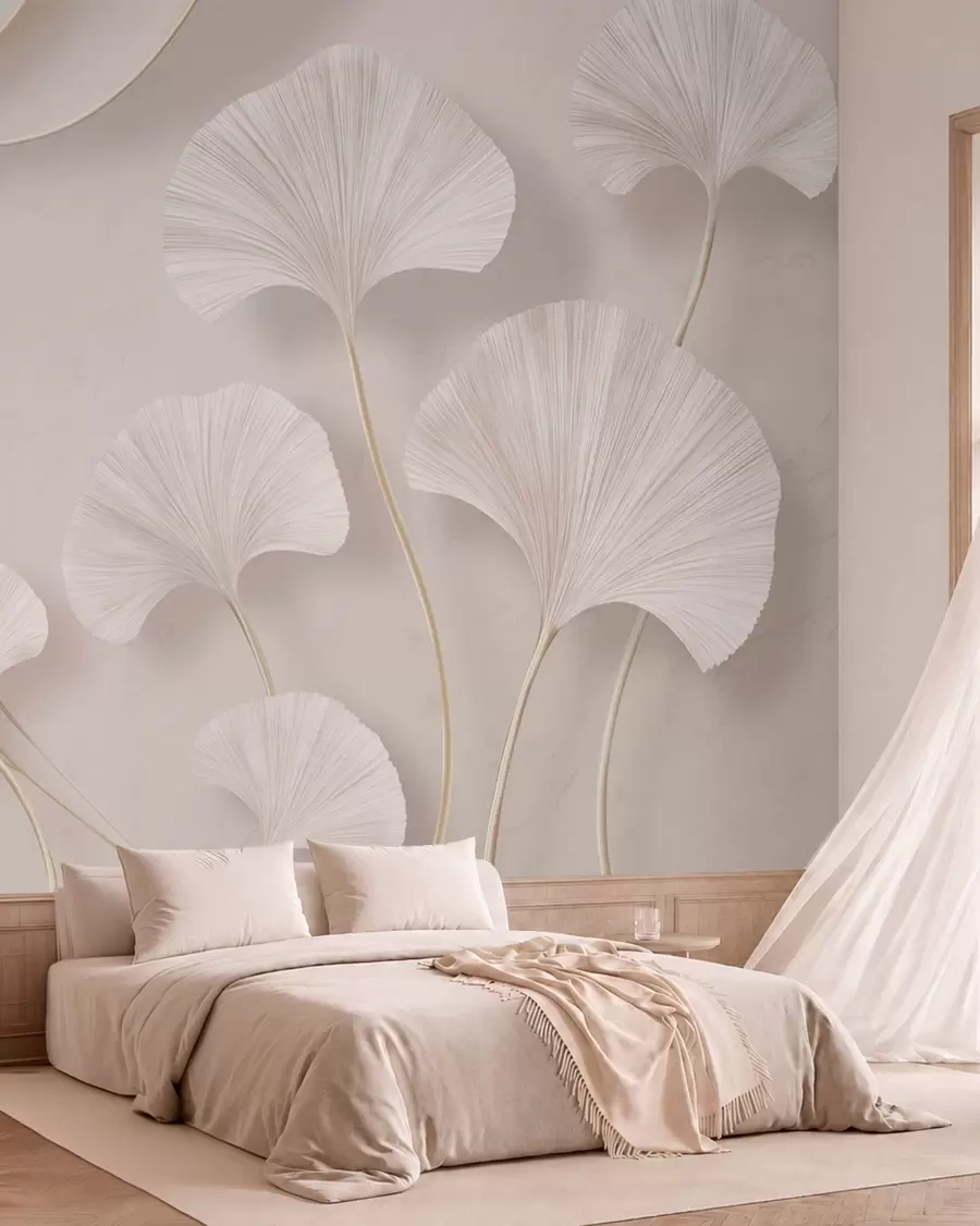 wall murals Light-colored ginkgo leaves against a soft marble background w05734v1