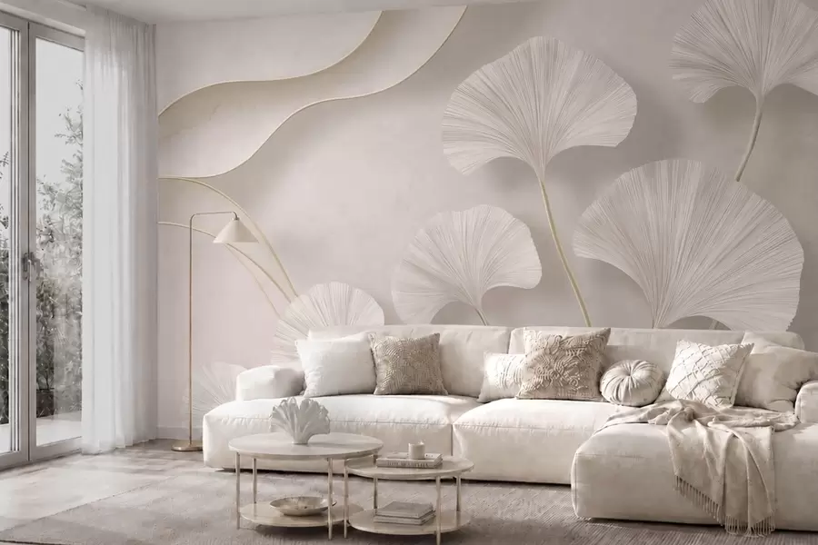murales Hojas de ginkgo de color claro sobre un fondo de mármol suave w05734v1