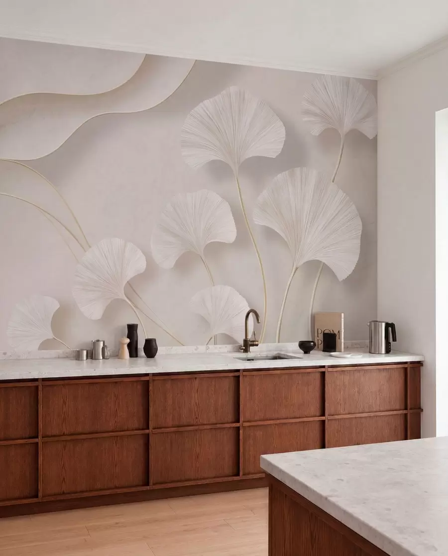 peintures murales Des feuilles de ginkgo aux teintes claires sur un fond de marbre aux tons doux w05734v1