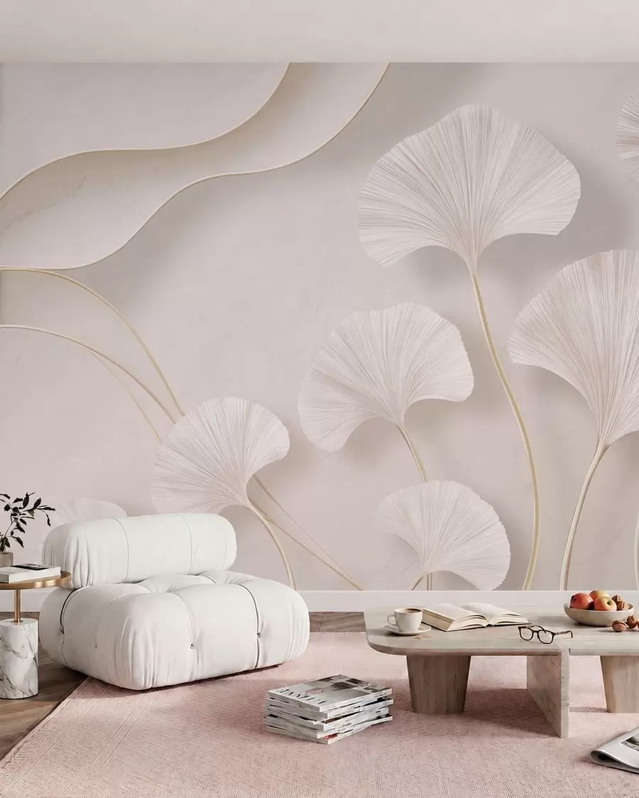 peintures murales Des feuilles de ginkgo aux teintes claires sur un fond de marbre aux tons doux w05734v1