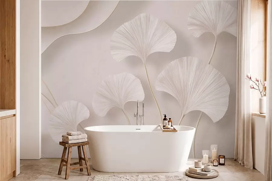 peintures murales Des feuilles de ginkgo aux teintes claires sur un fond de marbre aux tons doux w05734v1