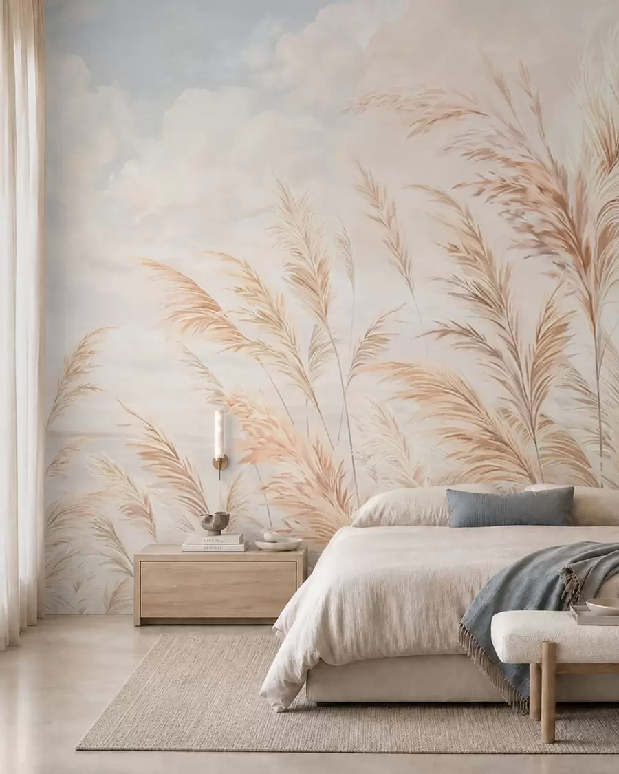 wall murals Soft, tall stalks of wheat and grass under a cloudy sky w05735