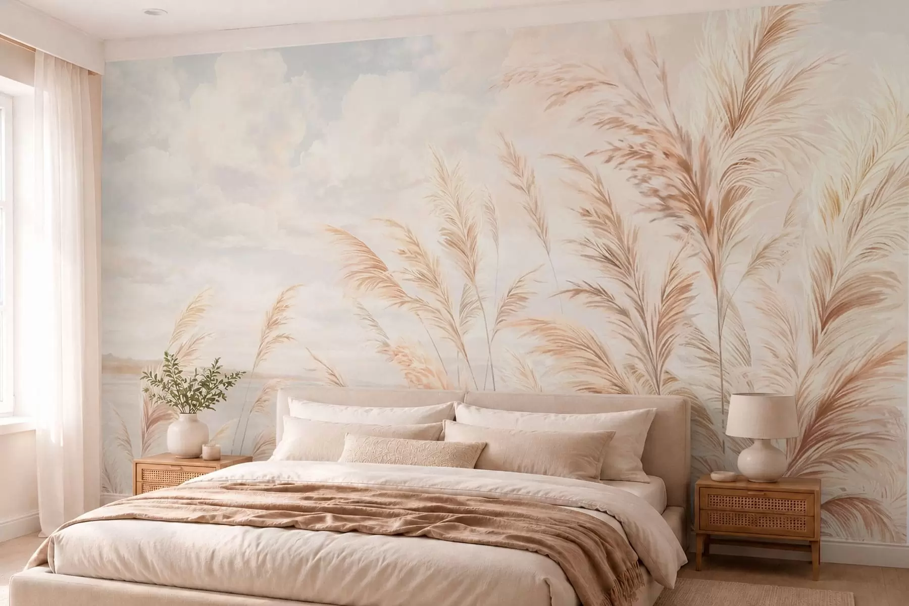 Wall Mural Photo Wallpaper Soft, tall stalks of wheat and grass under a cloudy sky w05735