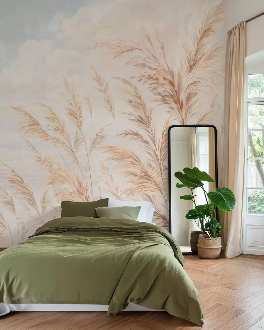 Wall Mural Photo Wallpaper Soft, tall stalks of wheat and grass under a cloudy sky w05735