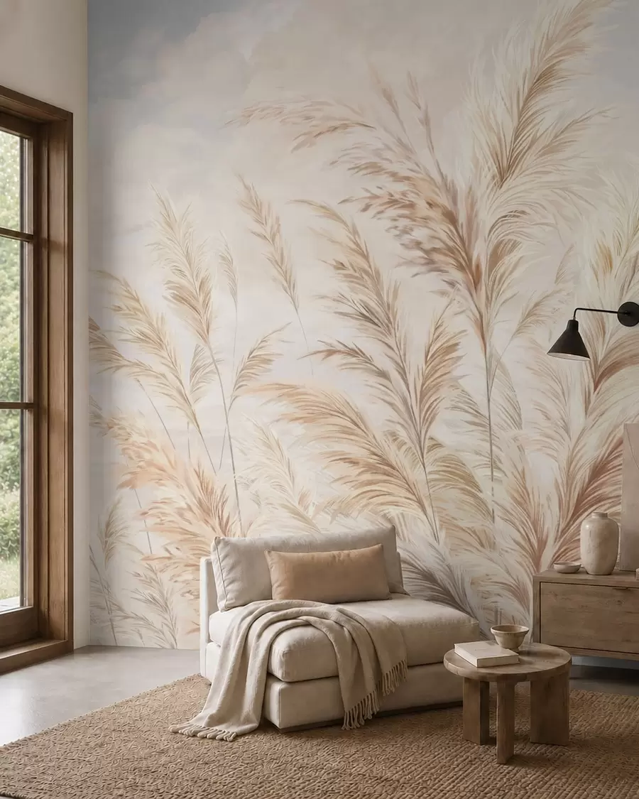 Wall Mural Photo Wallpaper Soft, tall stalks of wheat and grass under a cloudy sky w05735