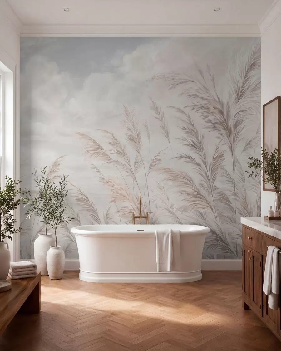 peintures murales De délicates herbes au bord de l'eau, sous un ciel légèrement nuageux w05735v1