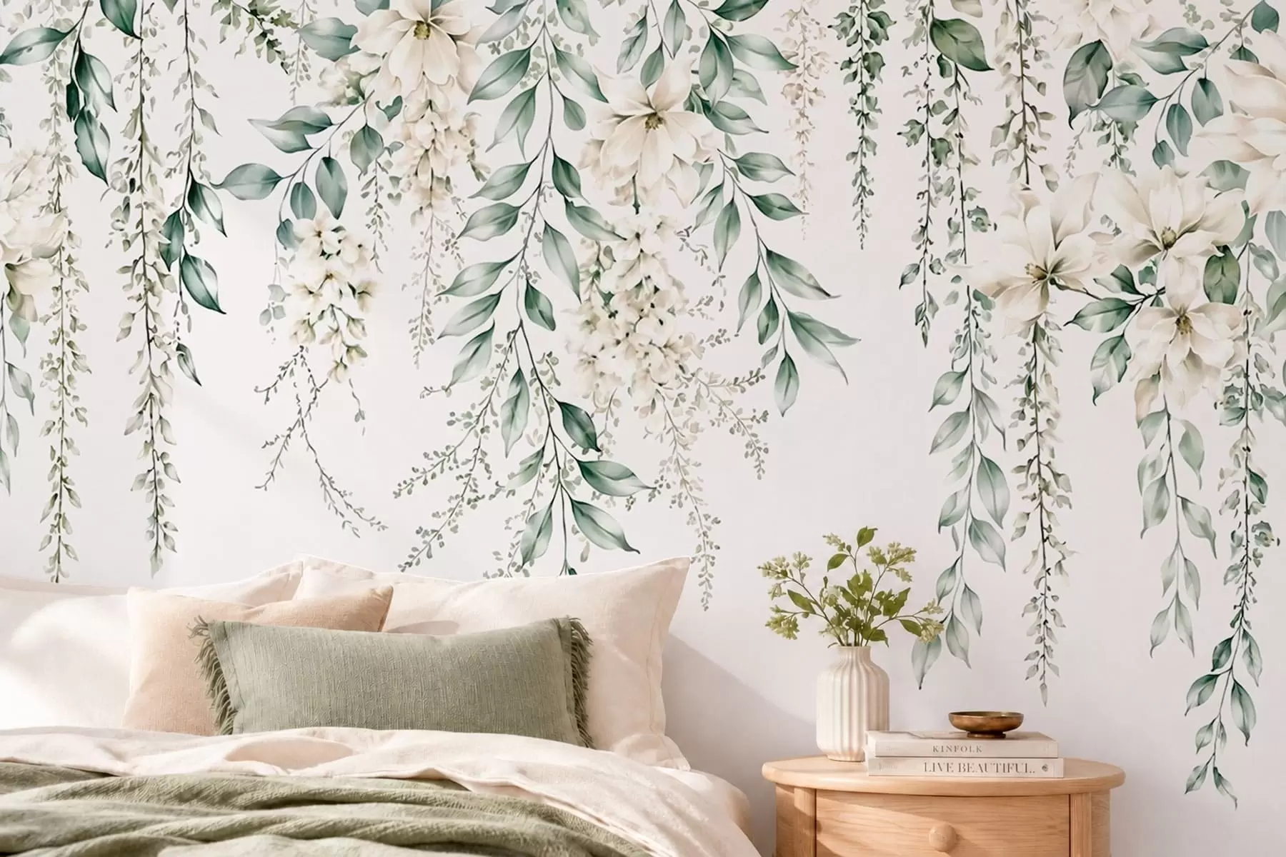 Wall Mural Photo Wallpaper Cascading flowers and green foliage on a light background w05736