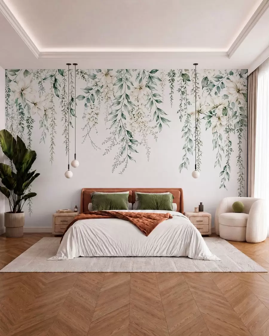 Wall Mural Photo Wallpaper Cascading flowers and green foliage on a light background w05736