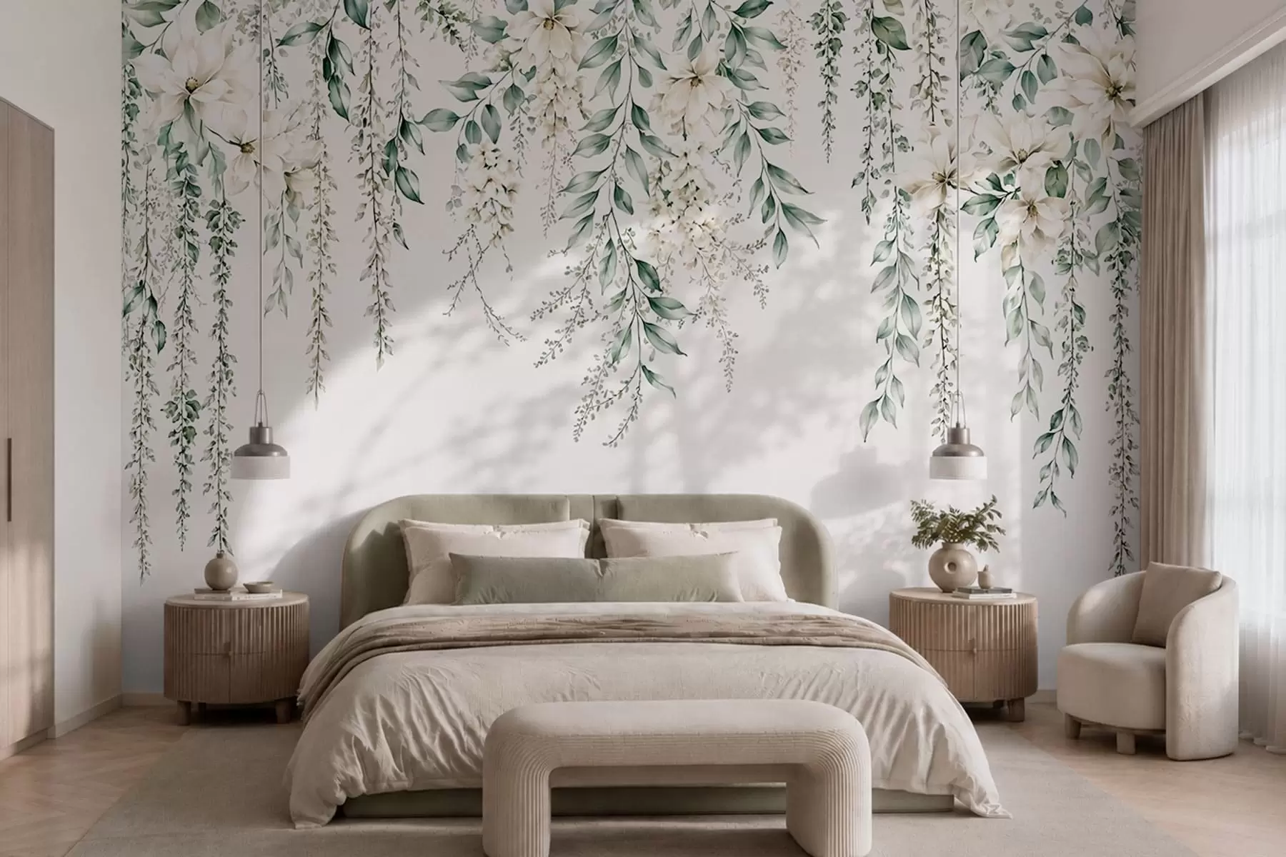 wall murals Cascading flowers and green foliage on a light background w05736