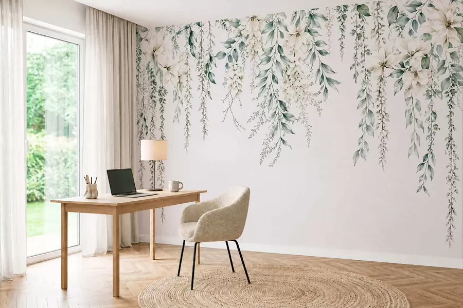 peintures murales Des fleurs en cascade et un feuillage vert sur un fond clair w05736