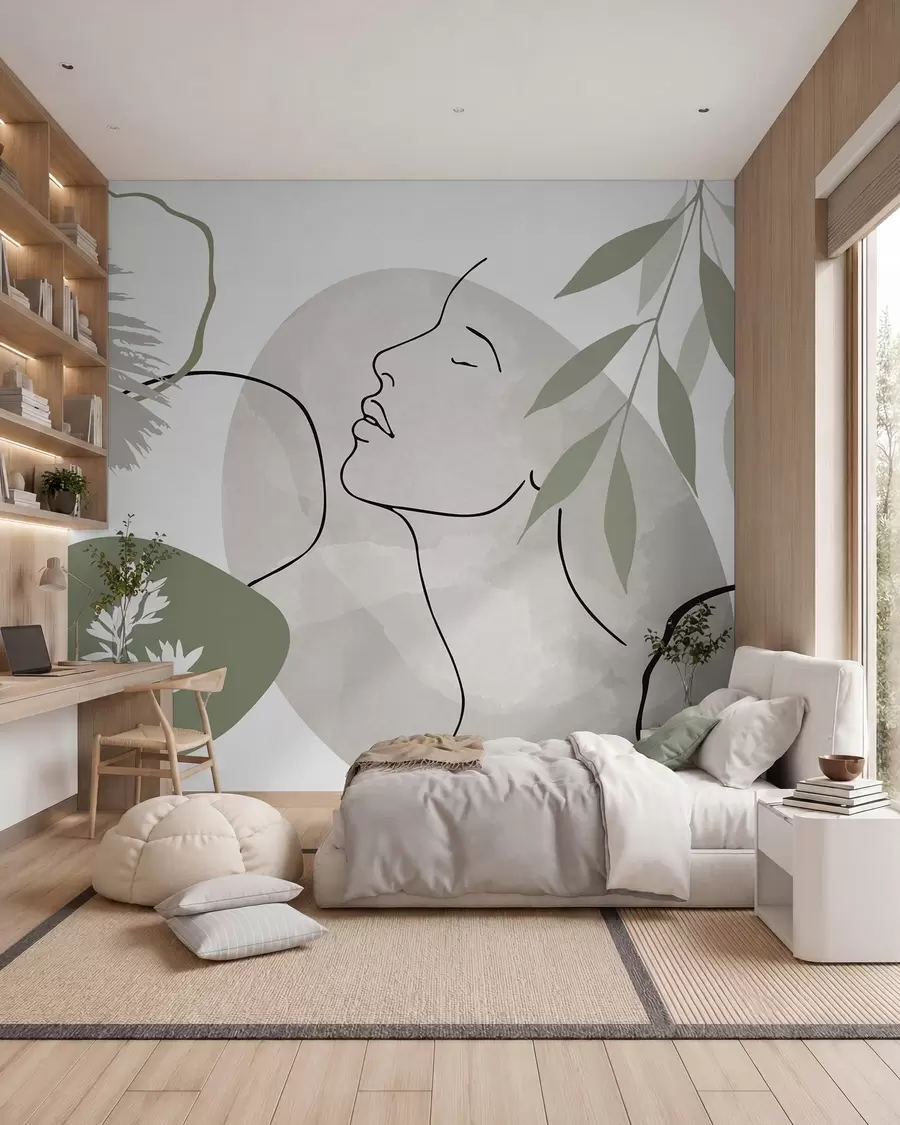 murales Abstracción con vegetación y la silueta de un rostro w05776v1