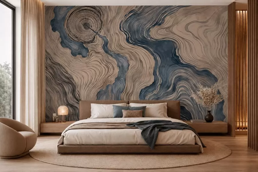 peintures murales Un motif abstrait présentant un dessin linéaire imitant le grain du bois, dans des nuances de bleu w05729v1