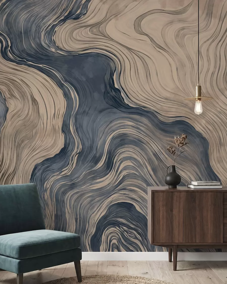 murales Un estampado abstracto con un diseño lineal que imita la veta de la madera en tonos azules w05729v1