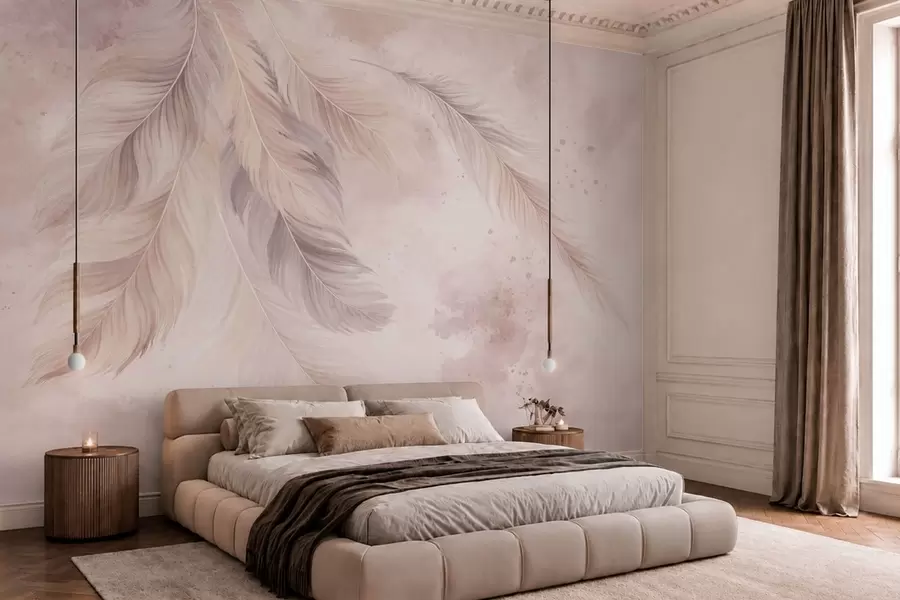 peintures murales Des plumes délicates sur un fond d'aquarelle aux tons pastel w05737