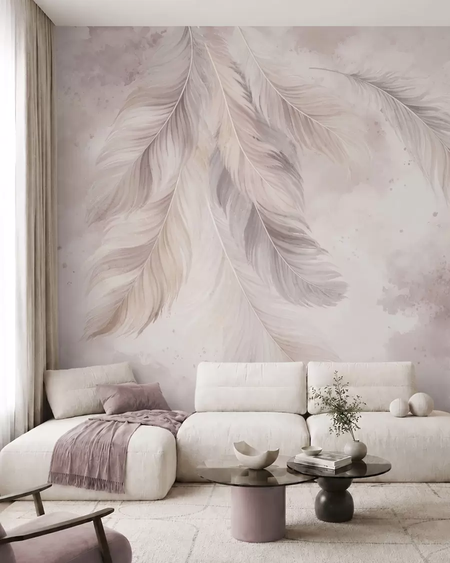 murales Delicadas plumas sobre un fondo de acuarela en tonos pastel w05737
