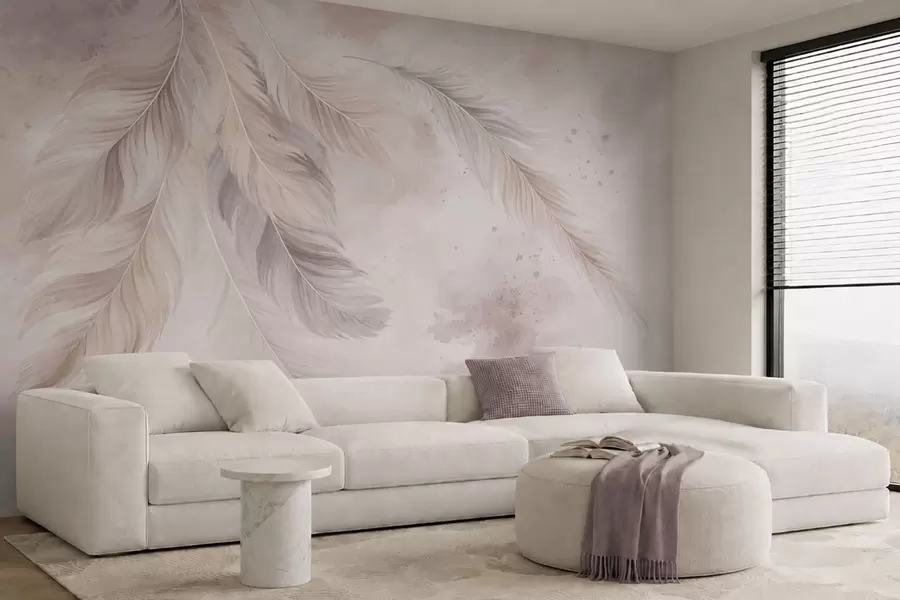 murales Delicadas plumas sobre un fondo de acuarela en tonos pastel w05737
