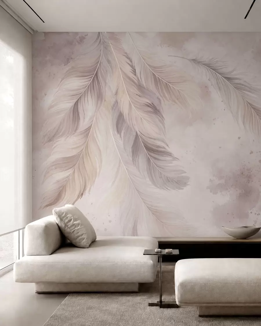 murales Delicadas plumas sobre un fondo de acuarela en tonos pastel w05737